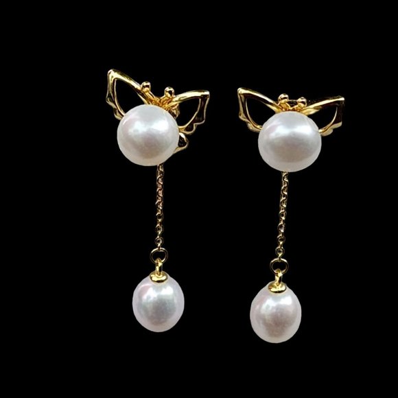 18K Gold Plated Reversible Butterfly With White Freshwater Pearl Dangle Earrings - Picture 3 of 14